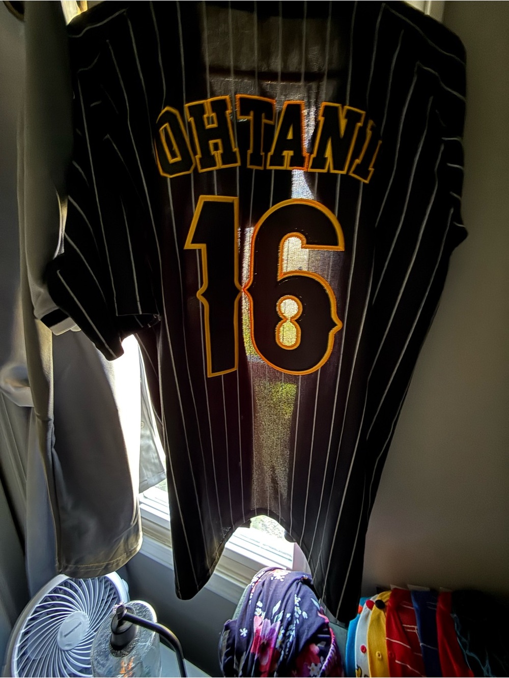 Black Pinstripe Baseball Jersey with Yellow Trim - OHTANI 16